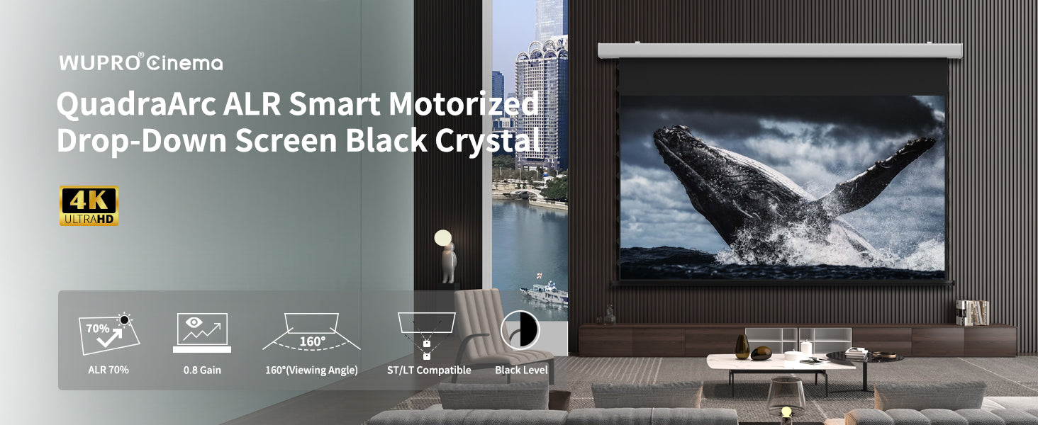 Wupro Cinema QuadraArc Black crystal Tensioned Smart Motorized Drop Down Projector Screen Highlights