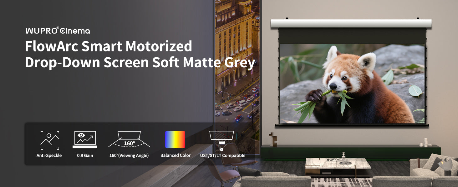 WUPRO Cinema Luxury FlowArc Smart Motorized Drop-Down Screen with Soft Gray Matte Fabric