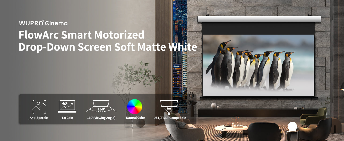 WUPRO Cinema Luxury FlowArc Smart Motorized Drop-Down Screen with Soft white Matte Fabric