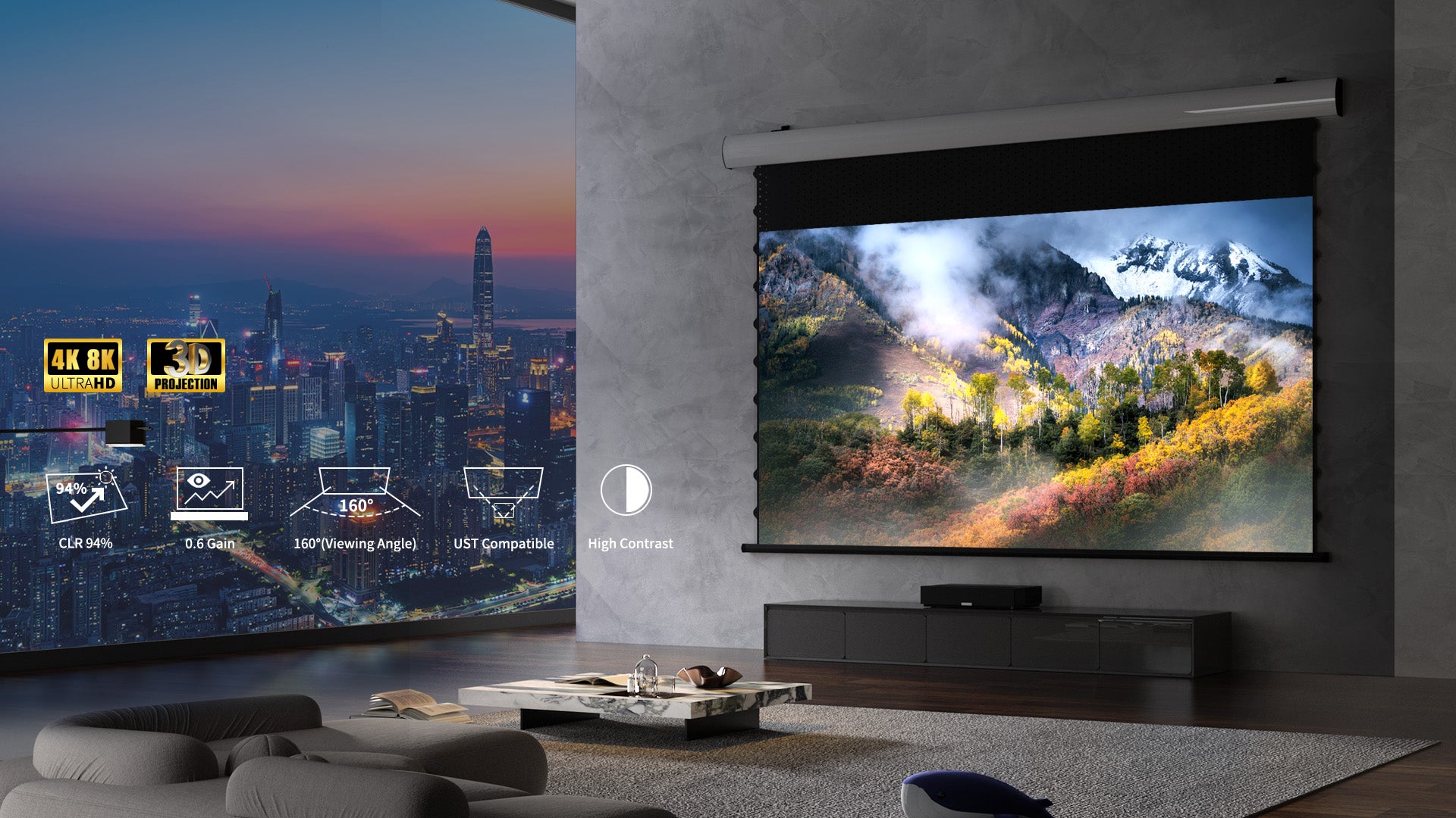 WUPRO Cinema FlowArc Luxury CBSP Smart ALR CLR Motorized Drop Down Projector Screen 95%CLR ALR 0.6Gain 160° view angle ultra contrast