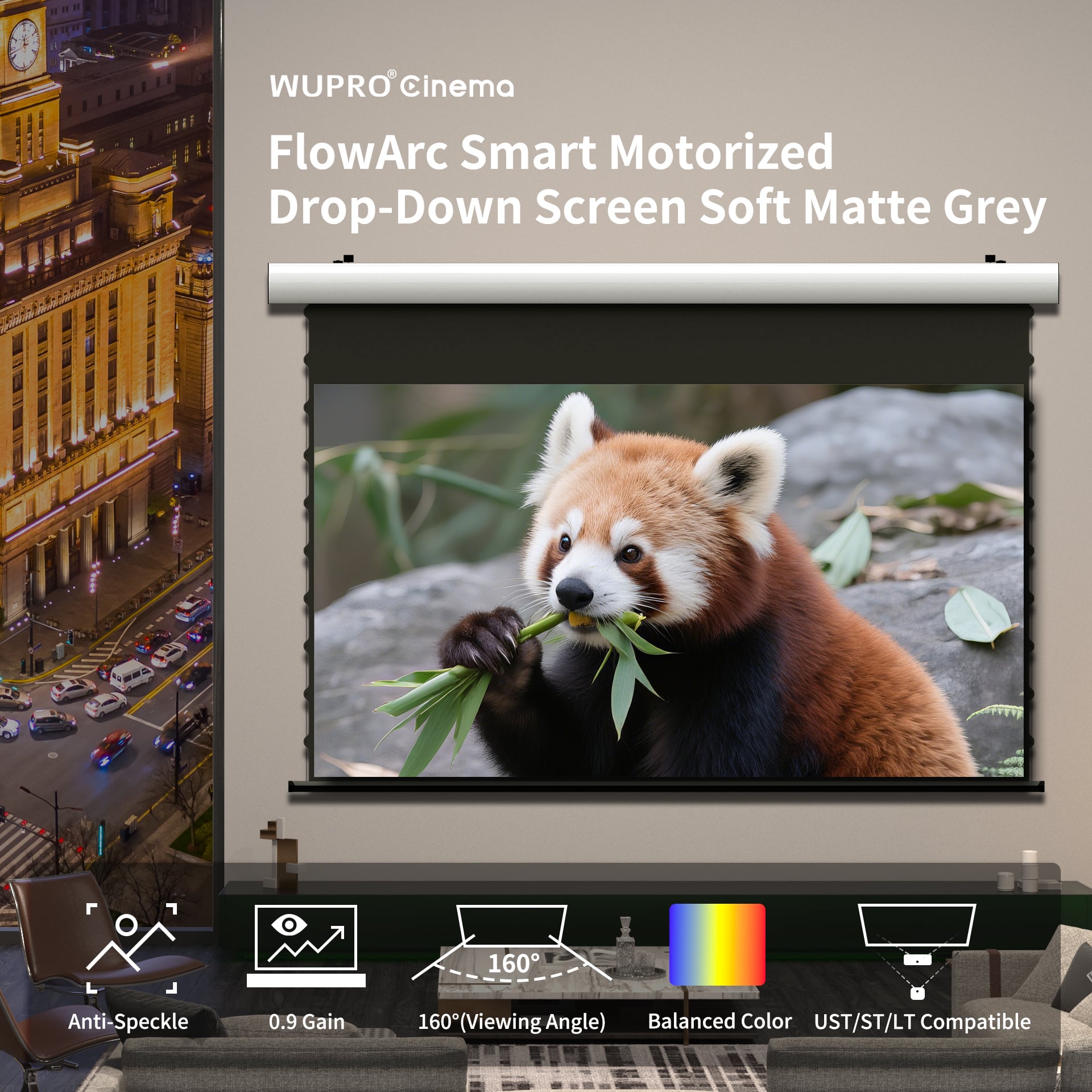 WUPRO Cinema Luxury FlowArc Smart Motorized Drop-Down Screen with Soft Gray Matte Fabric