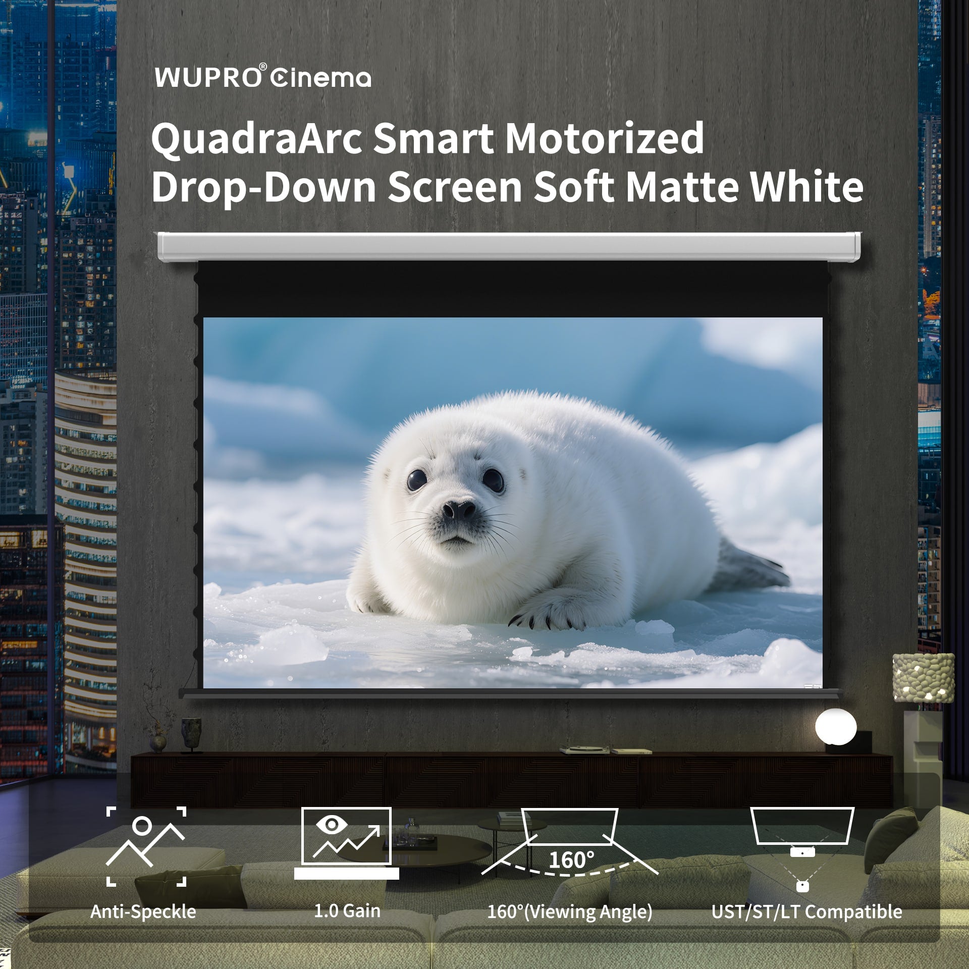 Wupro Cinema QuadraArc Soft matte white Tensioned Smart Motorized Drop Down Projector Screen Highlights