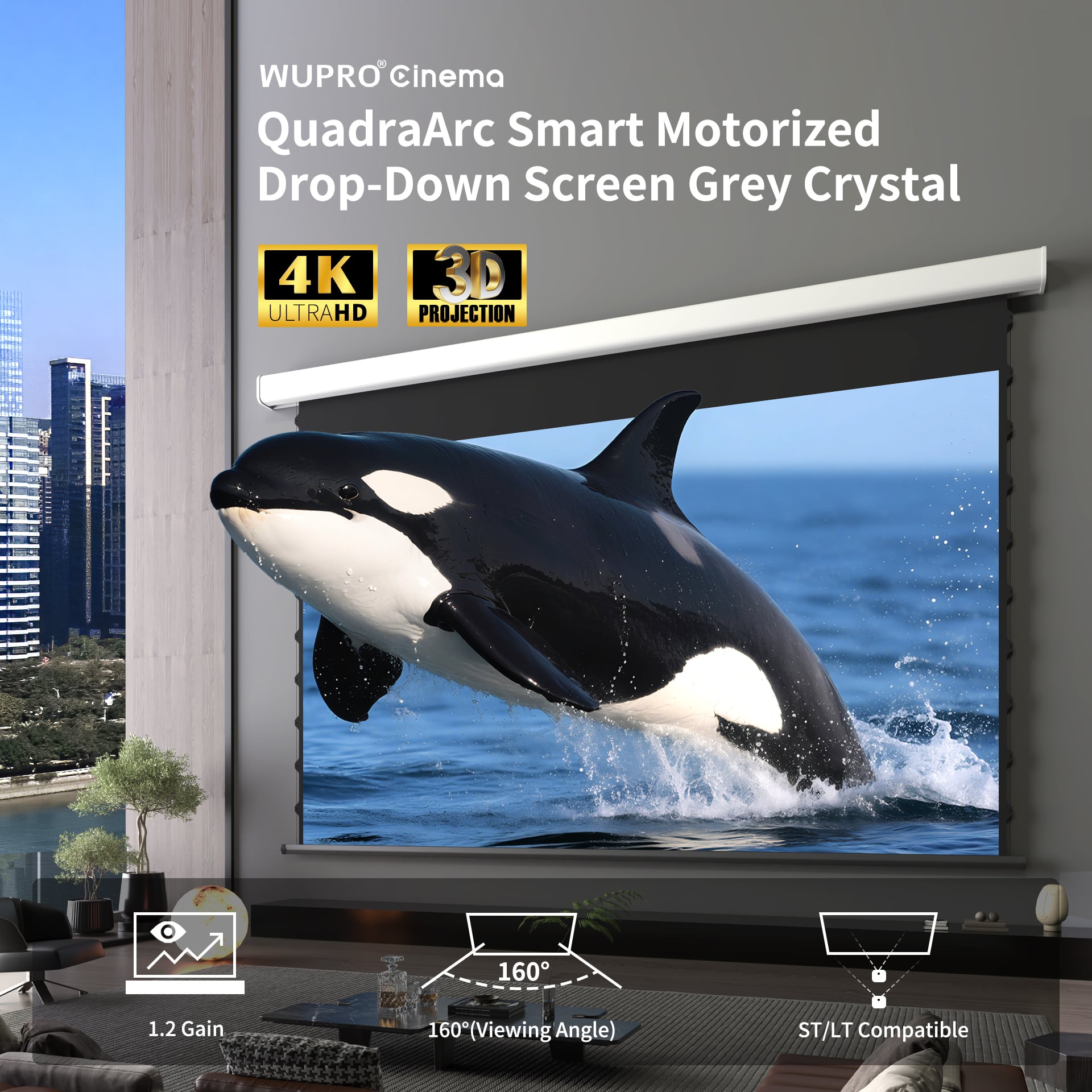 Wupro Cinema QuadraArc Grey crystal Tensioned Smart Motorized Drop Down Projector Screen Highlights