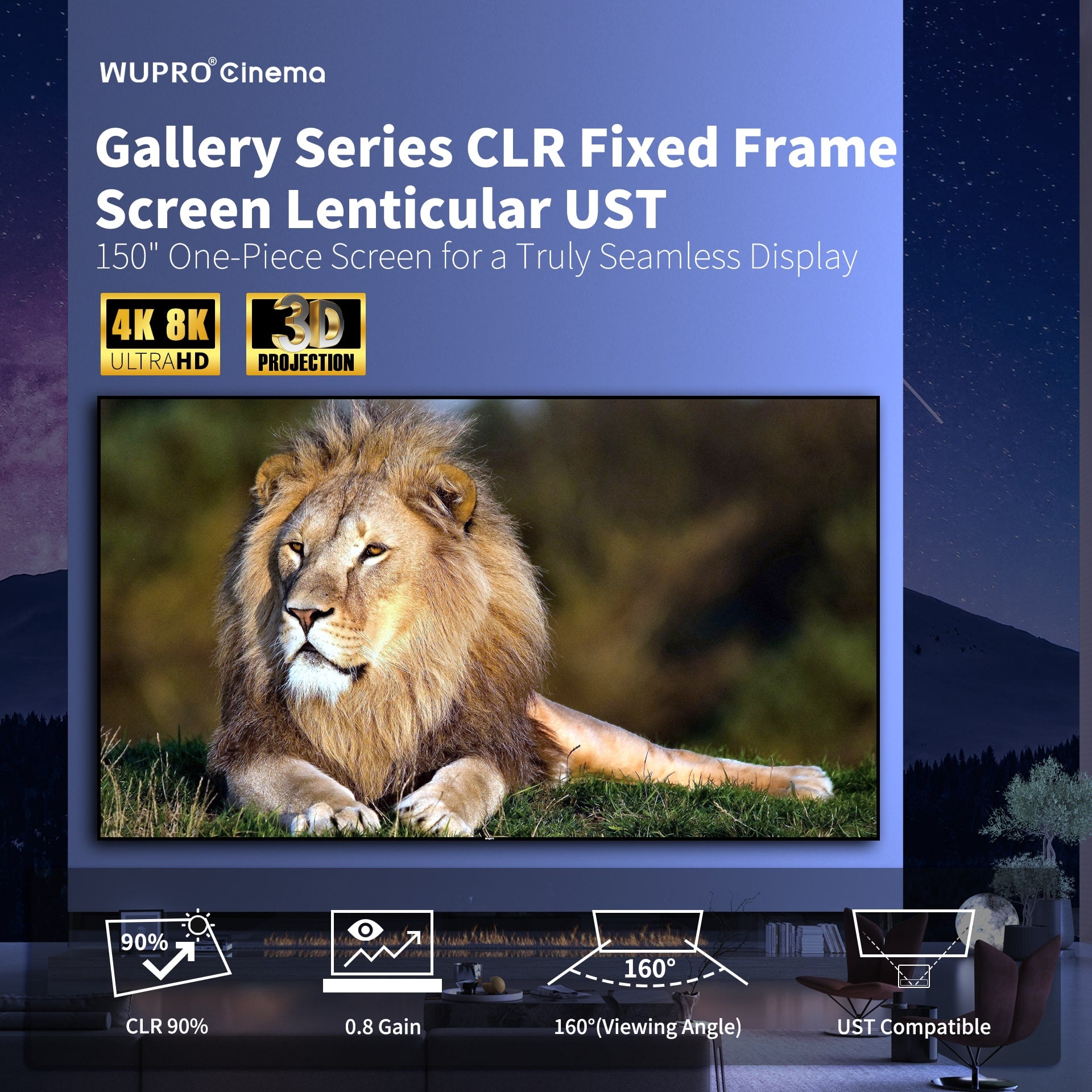 150inch Seamless WUPRO Cinema Gallery Evo Black Lenticular CLR Fixed Frame screen for UST projector ,CLR 90%,0.8 Gain