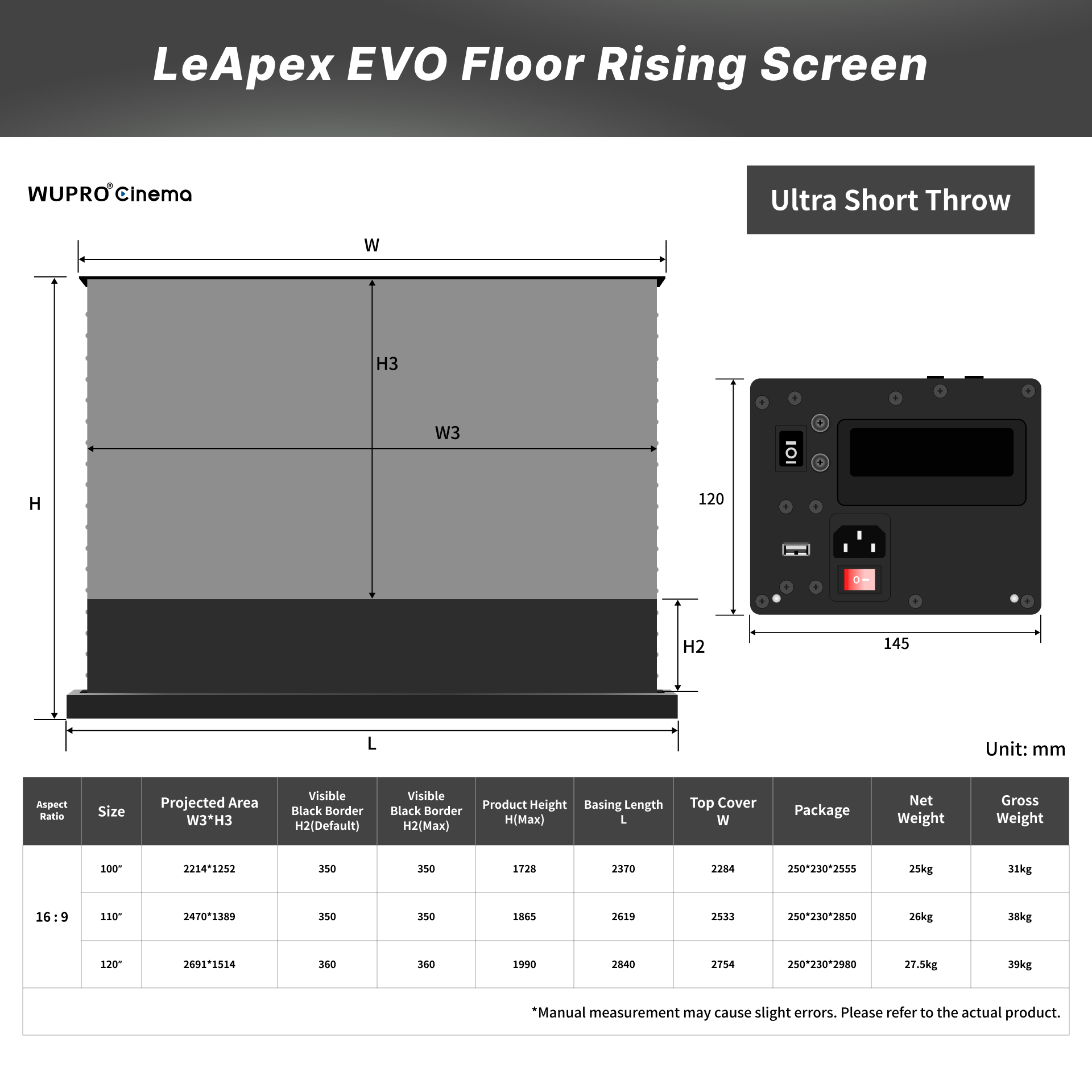 WUPRO LeApex EVO CBSP  Dimensions Diagram – CLR ALR UST Floor Rising Projector Screen Specifications
