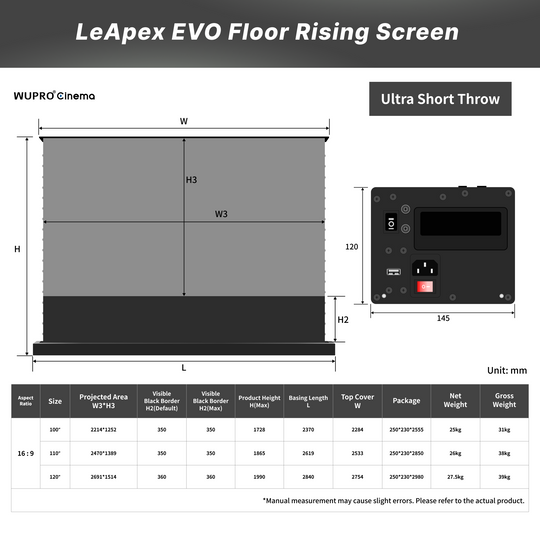 WUPRO LeApex EVO CBSP  Dimensions Diagram – CLR ALR UST Floor Rising Projector Screen Specifications