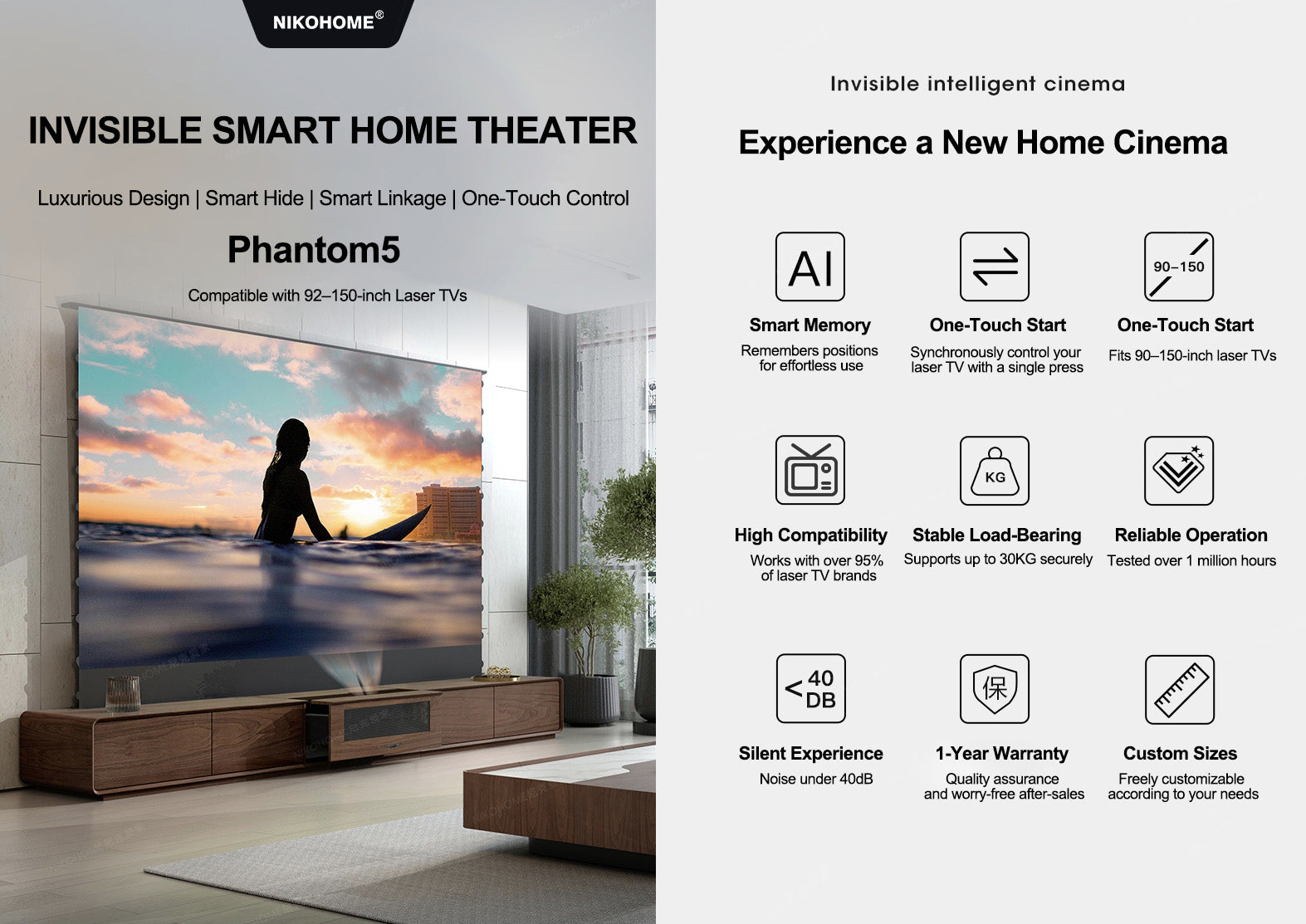 100–130-inch NIKOHOME Phantom5 Masterpiece Series Walnut Solid Wood Smart Laser TV Cabinet for UST Projector – Luxurious Design, Smart Hide, Smart Linkage, One-Touch Control