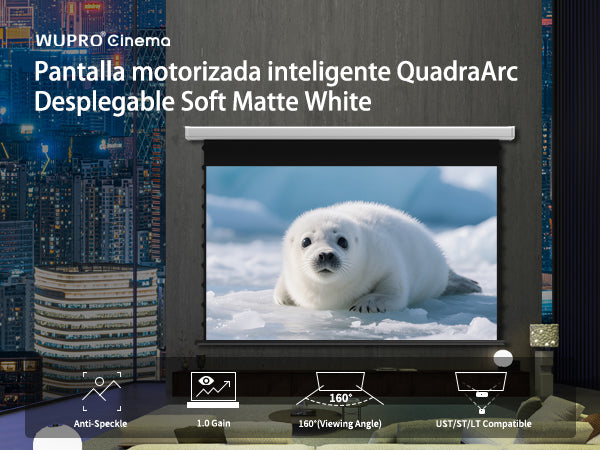 Pantalla de proyección motorizada tensada Wupro Cinema QuadraArc Soft mate blanco. Características destacadas.