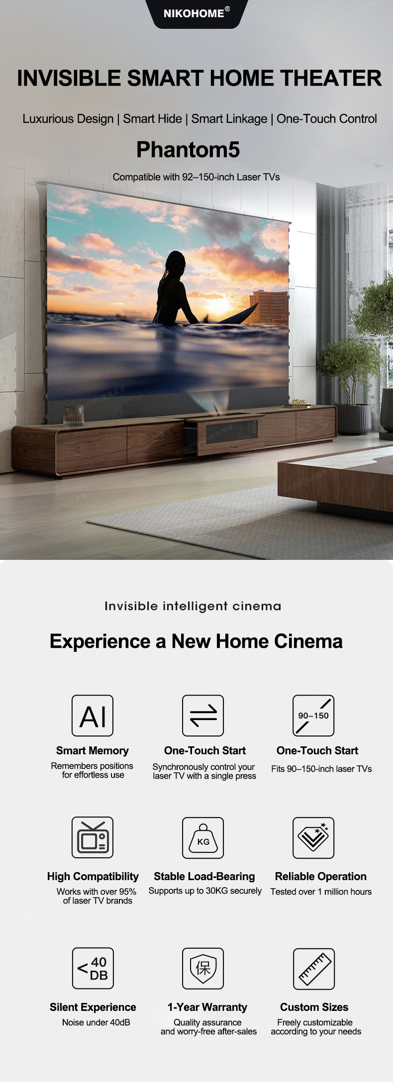 100–130-inch NIKOHOME Phantom5 Masterpiece Series Walnut Solid Wood Smart Laser TV Cabinet for UST Projector – Luxurious Design, Smart Hide, Smart Linkage, One-Touch Control