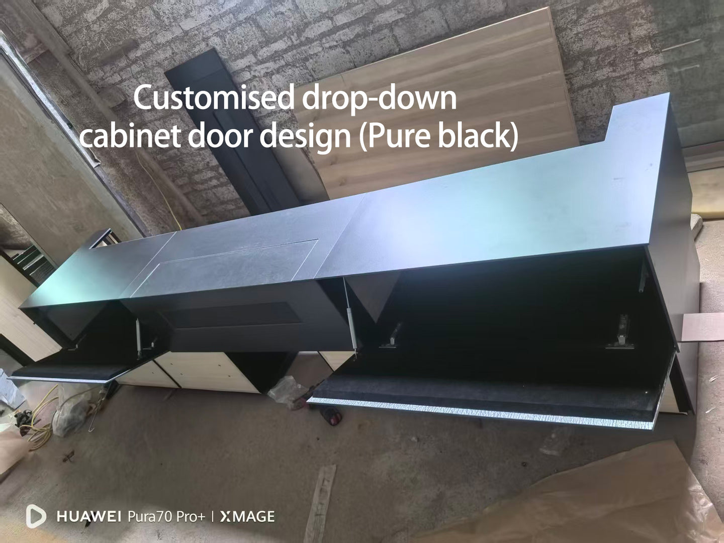 WUPROBUY Custom Stone Laser TV Cabinet – Pure Black Finish, Flip-Down Doors, Real Customer Installation