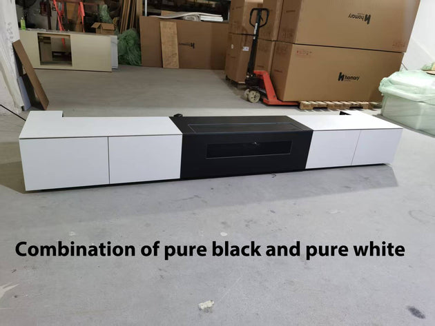 WUPRO Cinema customizable size/material sintered stone motorised smart integrated laser TV cabinet custom pure white and pure black splicing 2.8m length real shot