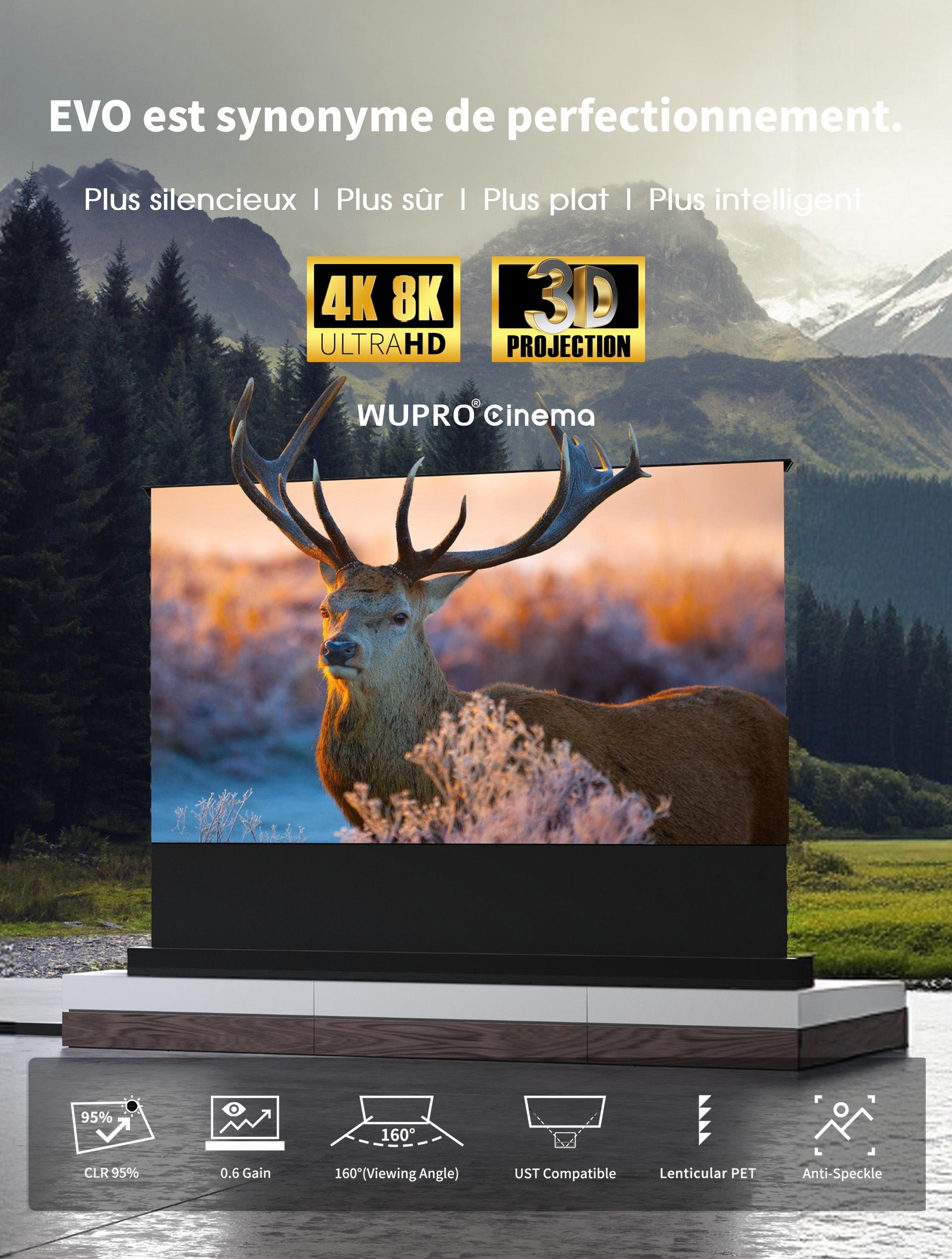 WUPRO LeApex EVO Smart CBSP écran CLR ALR UST motorisé Floor Rising, 95% ALR, contraste élevé, anti speckle laser
