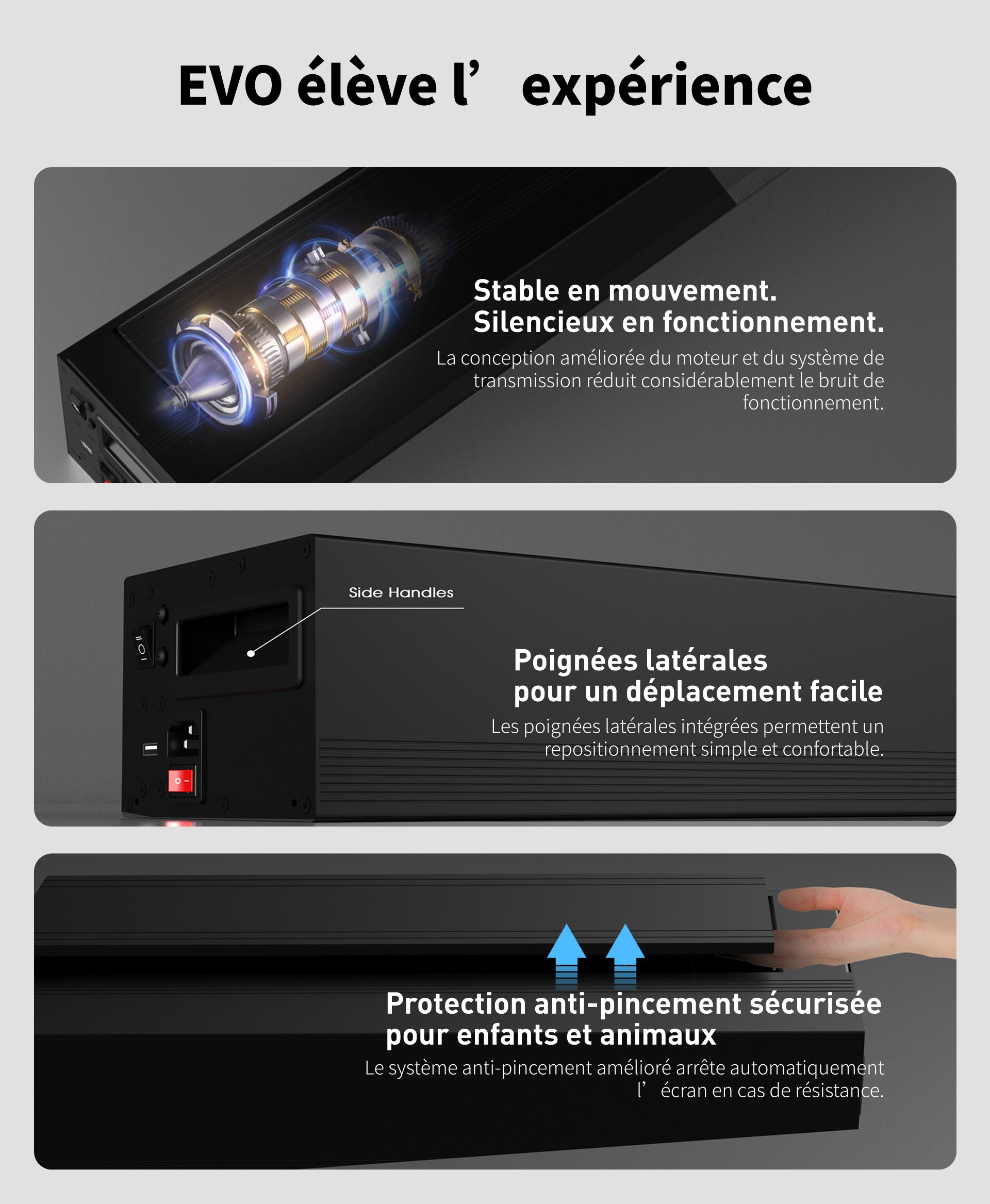 Écran de projection Floor Rising WUPRO LeApex EVO CBSP CLR ALR UST à contraste élevé – Conception anti-pincement, moteur plus silencieux et stable, poignées portables dissimulées des deux côtés