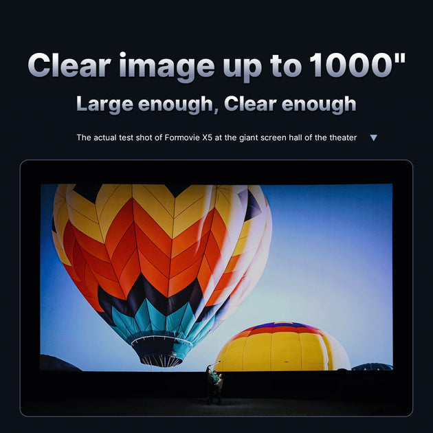Formovie X5 projects a 1,000-inch image in a theater's giant screen room with crystal-clear clarity.