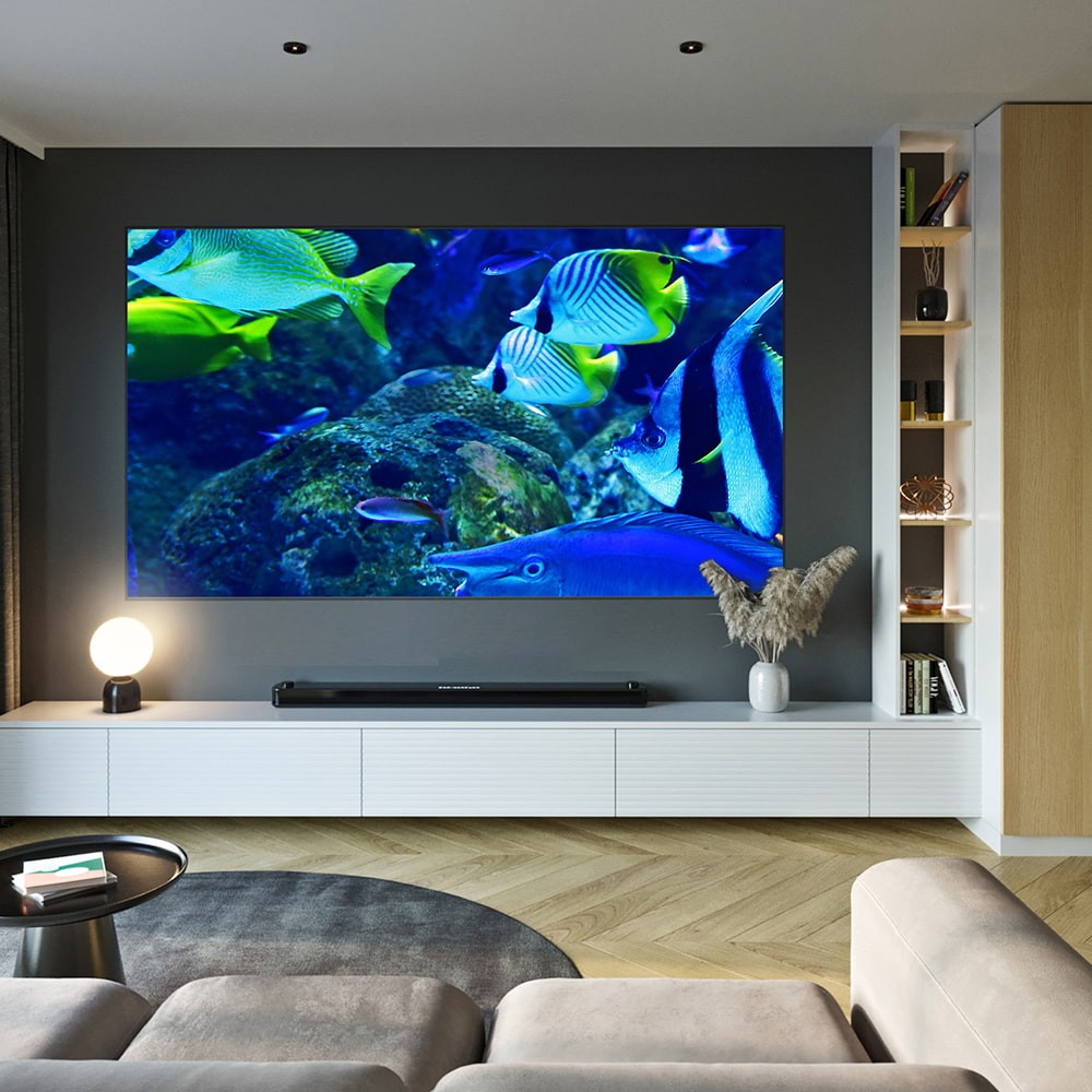 Pantalla de proyección UST de marco con tecnología ALR para ultra corta distancia, ideal para cine en casa