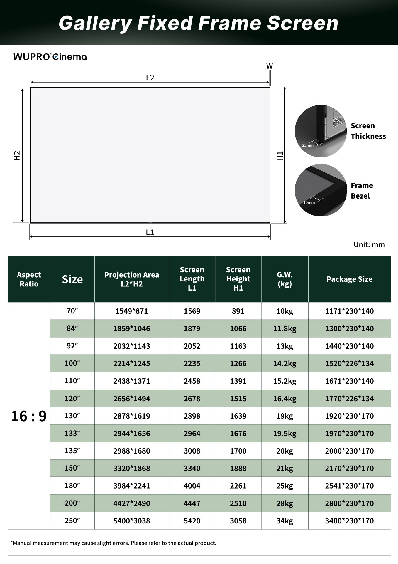 WUPRO BUY Gallery Soft White Matt Fixed Frame Screen Specification Sheet
