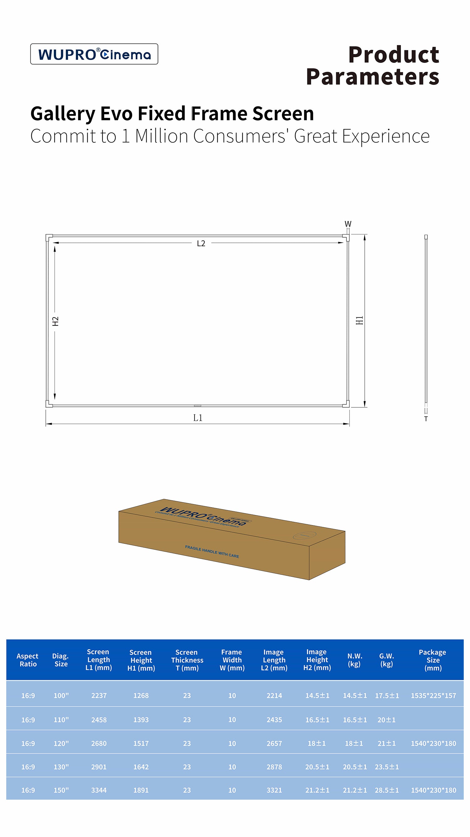 WUPRO Cinema Gallery Evo Fixed Frame Screen Size Chart