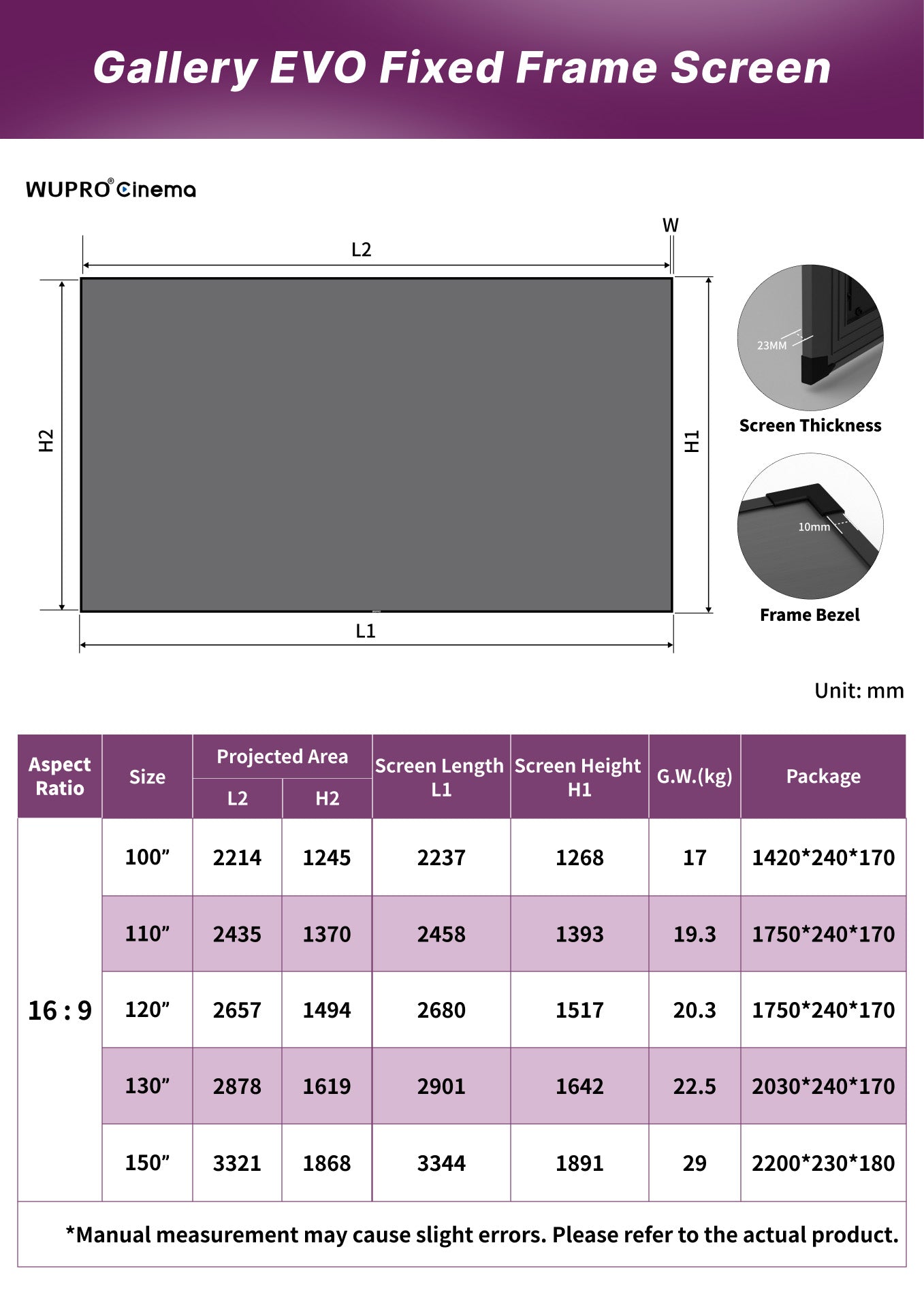 WURPO Cinema Gallery Evo Fixed-Frame Screen Specifications and Dimensions Diagram