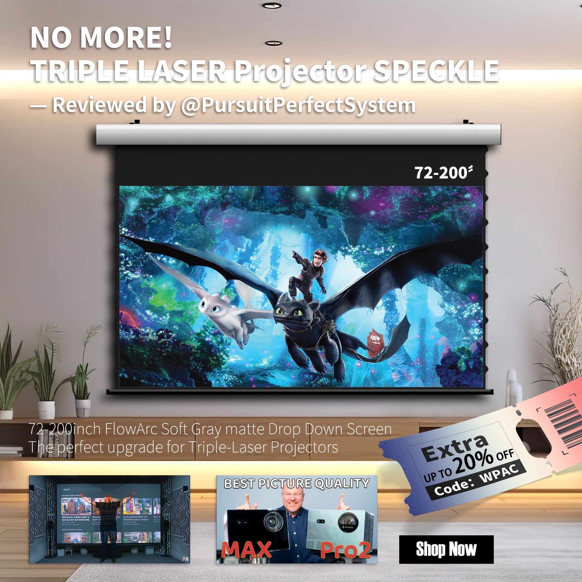 WUPROBUY FlowArc Soft Gray Matte Electric Drop-Down Screen — “No More Triple-Laser Speckle,” Reviewed by @PursuitPerfectSystem