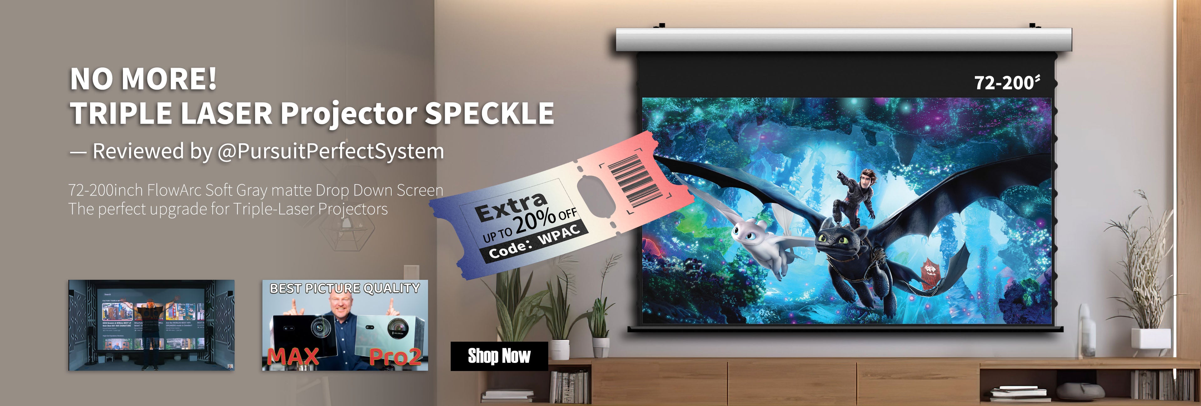 WUPROBUY FlowArc Soft Gray Matte Electric Drop-Down Screen — “No More Triple-Laser Speckle,” Reviewed by @PursuitPerfectSystem