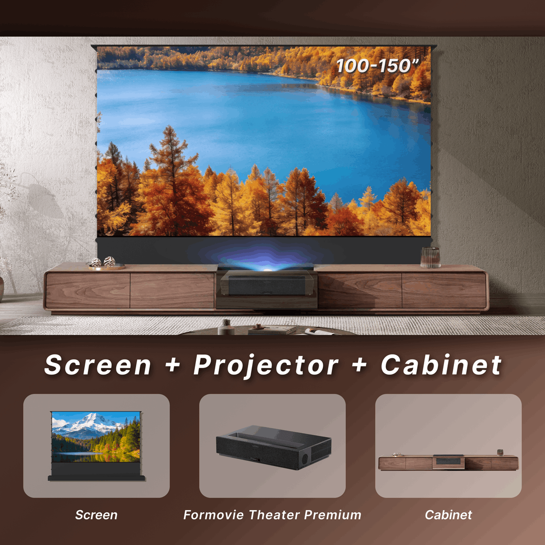 100–130" WUPRO x NIKOHOME Phantom5 Masterpiece Series Walnut Solid Wood Smart Laser TV Cabinet + Laser TV Bundle