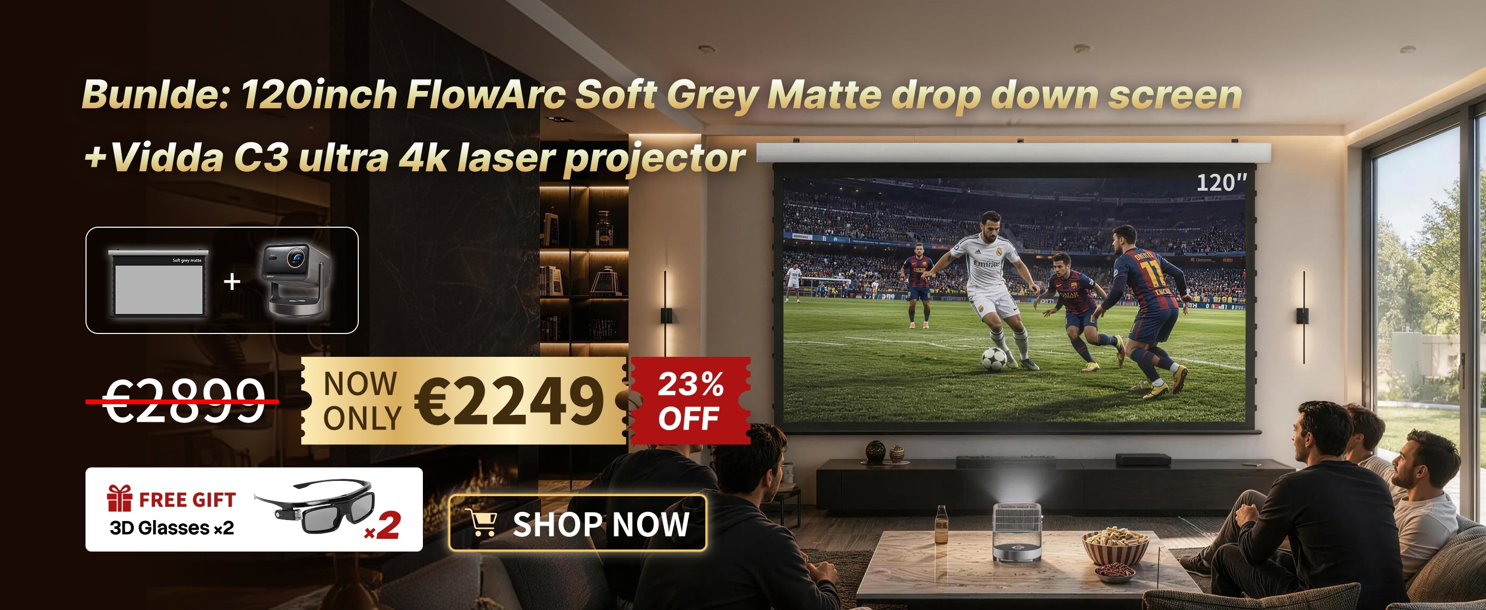 WUPROBUY 120inch Floawrc soft grey matte drop down screen bundle with Vidda C3 Ultra 4K laser projector, now €2249 from €2899, includes 2 free 3D glasses