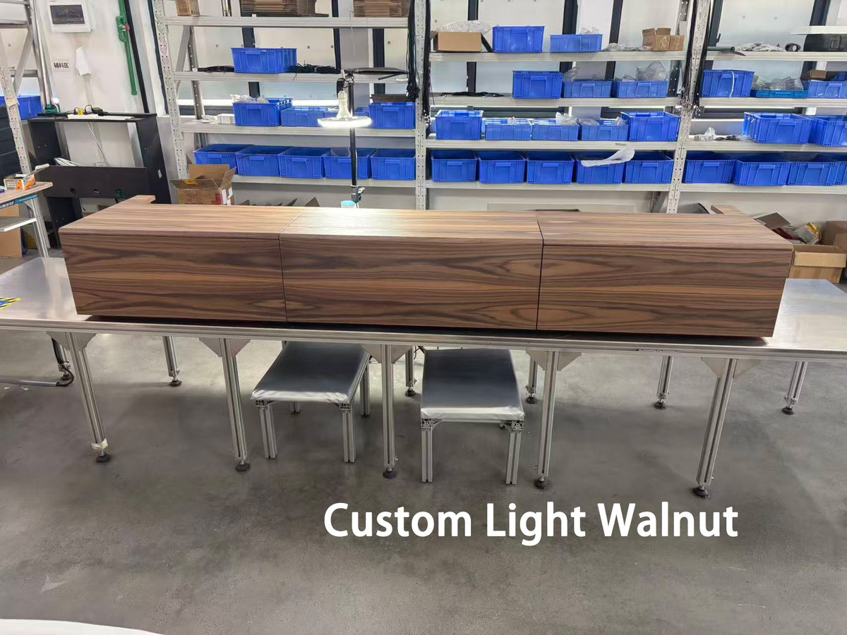 WUPRO DR-580S solid wood smart UST laser TV cabinet in a custom light walnut finish