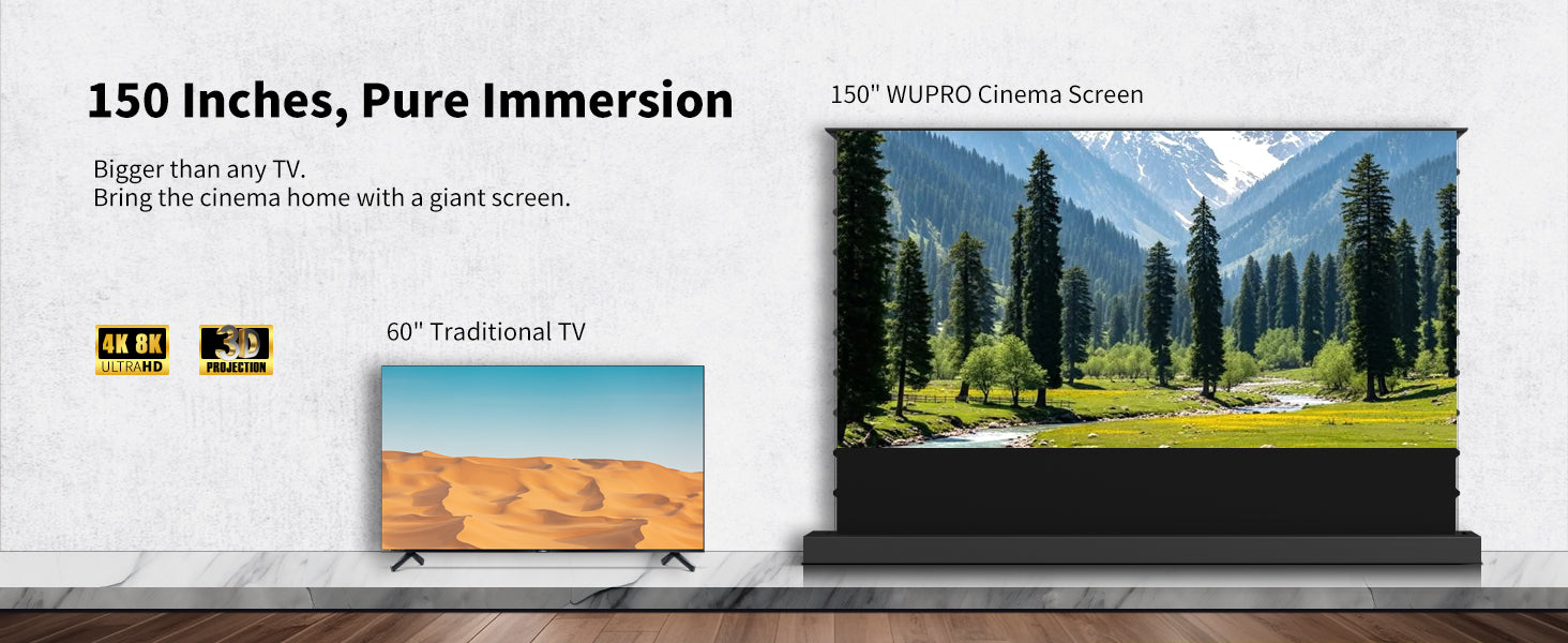150inch seamless one-piece WUPRO Cinema Lenticular ALR CLR smart motorized floor-rising screen – immersive giant-screen experience, sold by WUPROBUY.
