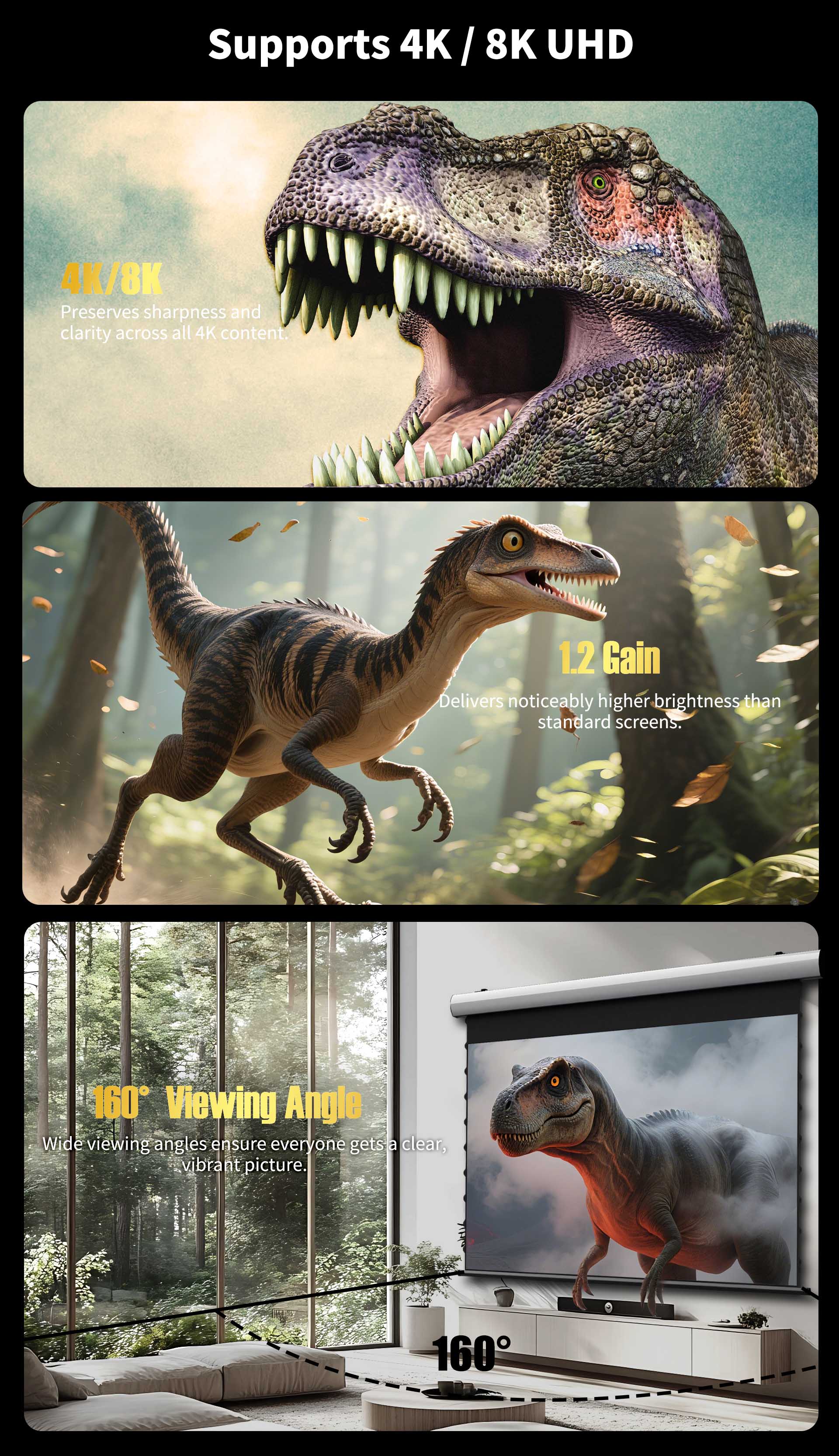WUPRO Cinema FlowArc Luxury Smart Motorized Drop Down Projector Screen—Highlights of grey crystalline materials:Enhanced 3D, high resolution, high gain