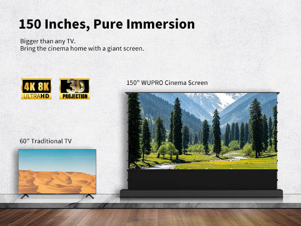 150-inch seamless one-piece WUPRO Cinema Lenticular ALR CLR smart motorized floor-rising screen – immersive giant-screen experience, sold by WUPROBUY.