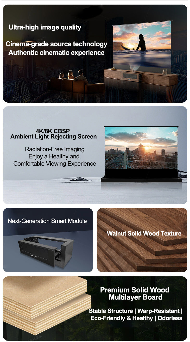 Ultra-High Image Quality, Walnut Solid Wood Texture, 4K/8K CBSP ALR Screen, Premium Solid Wood Multilayer Board, Stable, Eco-Friendly