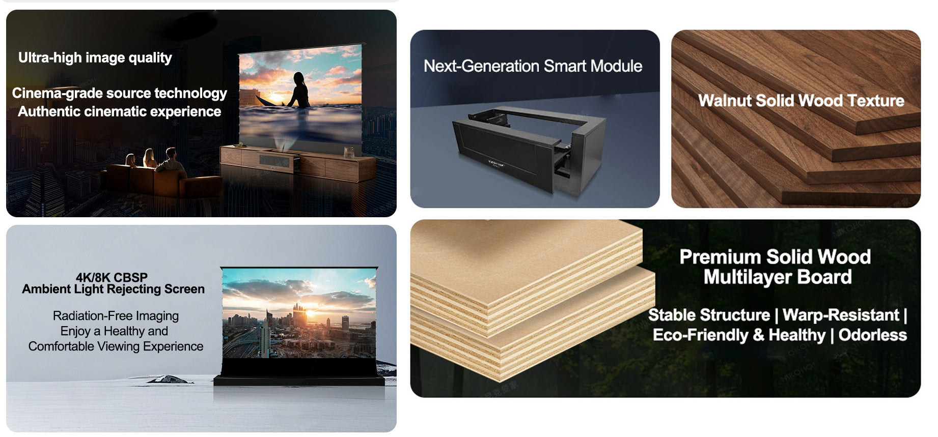 Ultra-High Image Quality, Walnut Solid Wood Texture, 4K/8K CBSP ALR Screen, Premium Solid Wood Multilayer Board, Stable, Eco-Friendly