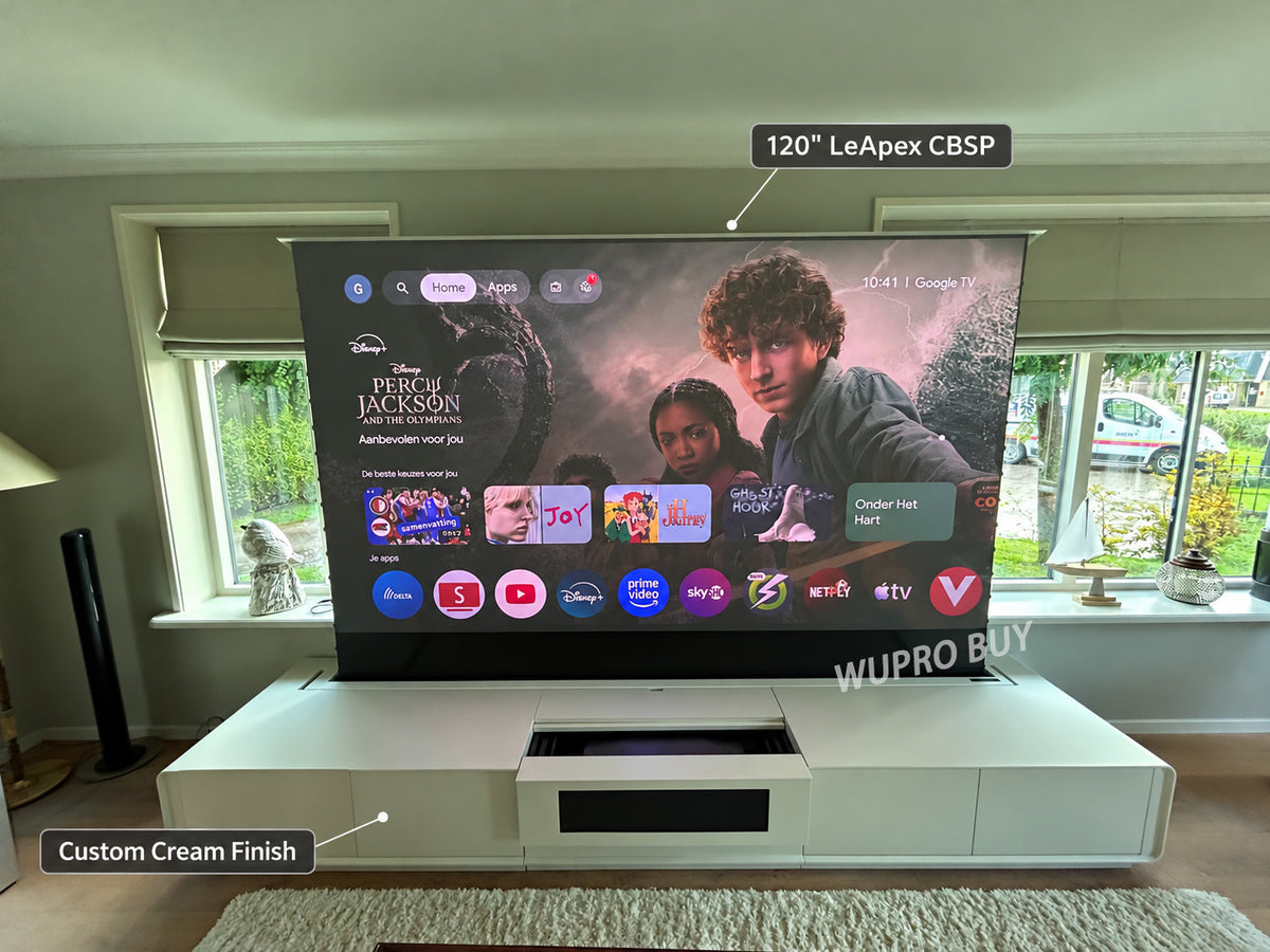 Custom cream WUPRO NIKOHOME Phantom5 laser TV cabinet (3000 × 700 × 400 mm) paired with a 120-inch LeApex CBSP CLR motorized floor-rising screen for UST projectors in a customer’s living room.
