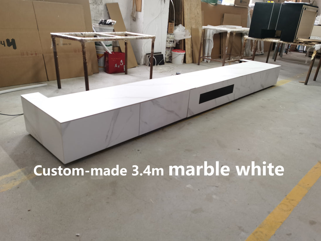 WUPRO Cinema 3.4m customizable sintered stone motorized smart integrated laser TV cabinet in marble white