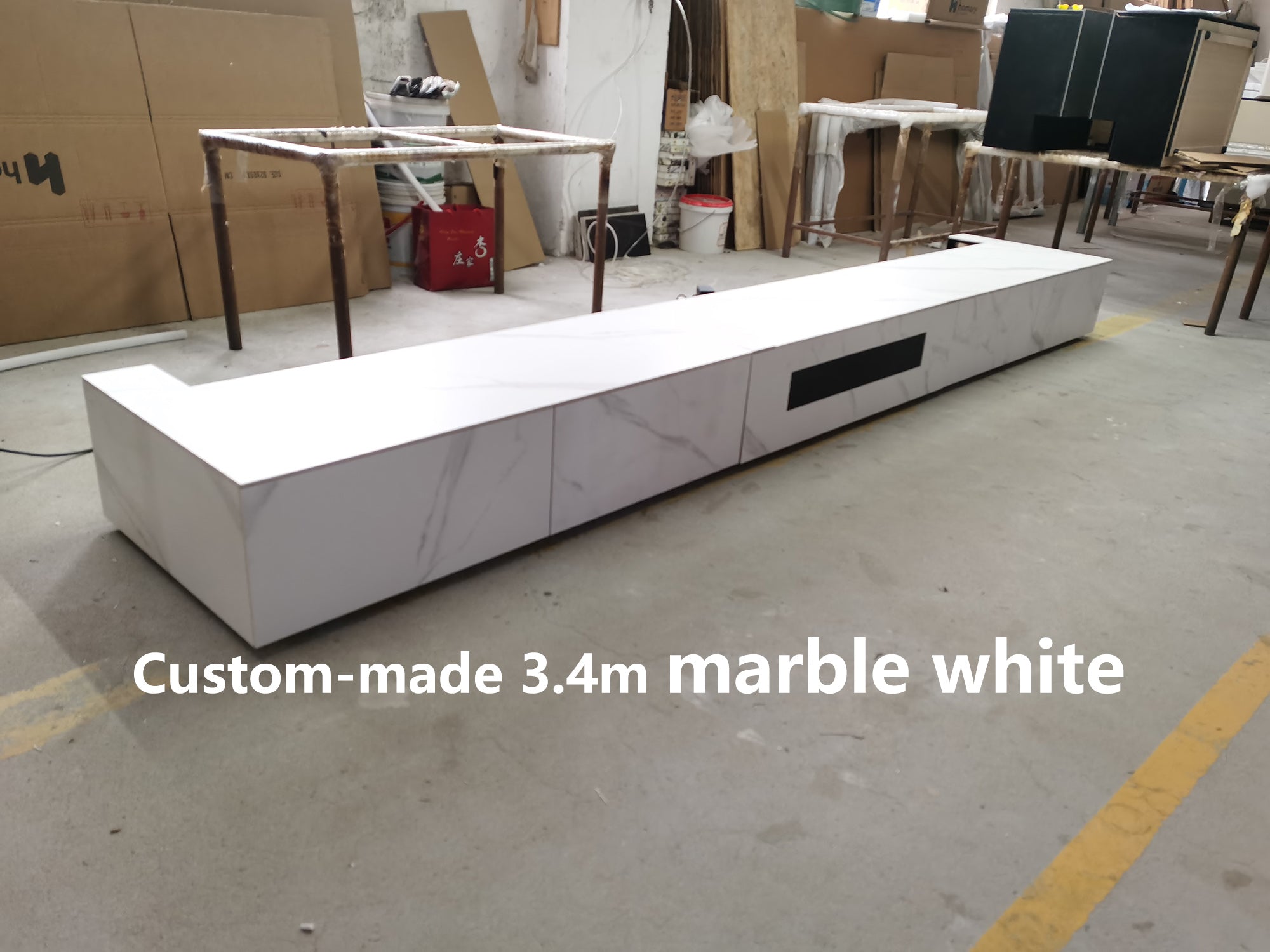 WUPRO Cinema 3.4m customizable sintered stone motorized smart integrated laser TV cabinet in marble white