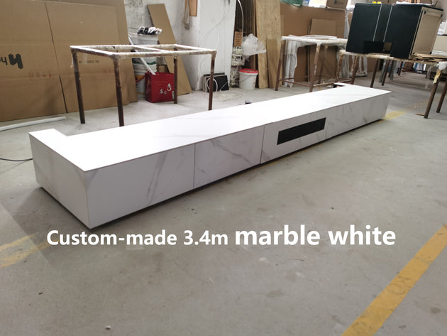 WUPRO Cinema 3.4m customizable sintered stone motorized smart integrated laser TV cabinet in marble white
