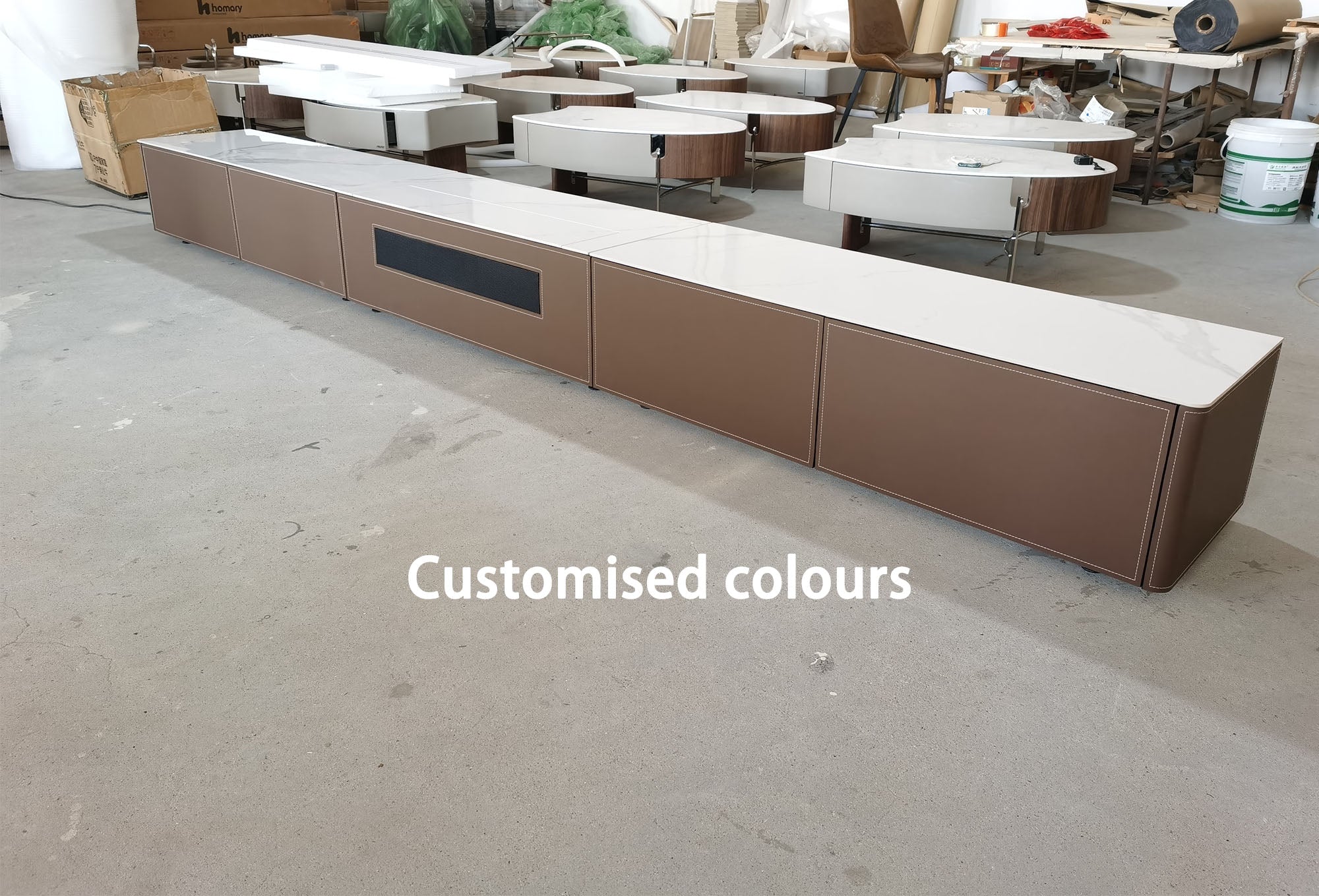 WUPRO Cinema Saddle Leather Laser TV Cabinet Customisation Case Study: Dark Brown Saddle Leather + Marble White Worktop Slab