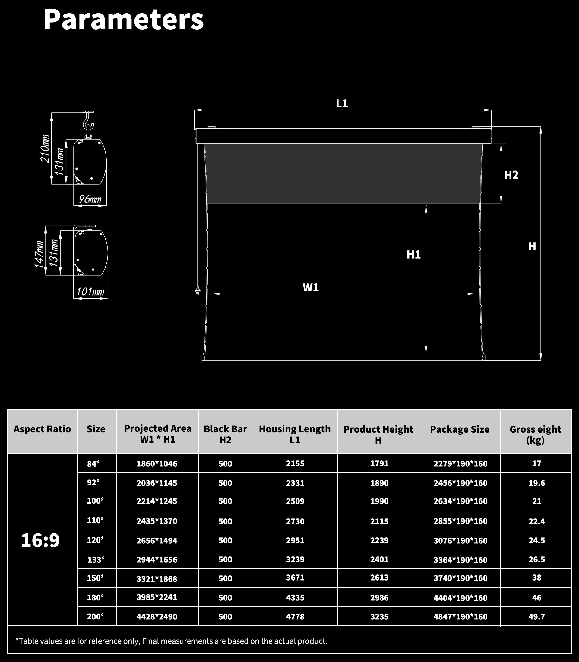 WUPRO Cinema FlowArc Electric Drop Down Projector Screen size chart