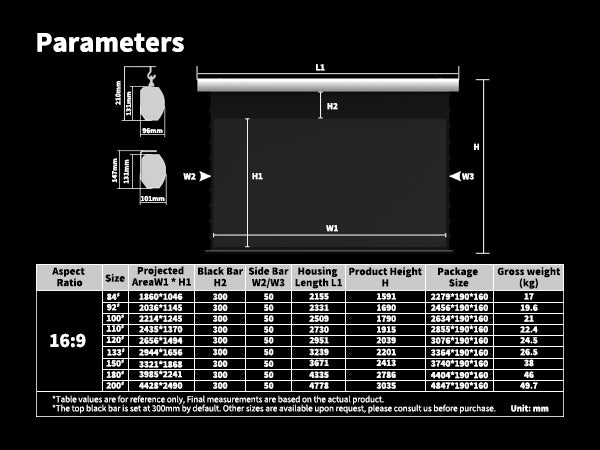 WUPRO Cinema FlowArc Electric Drop Down Projector Screen size chart