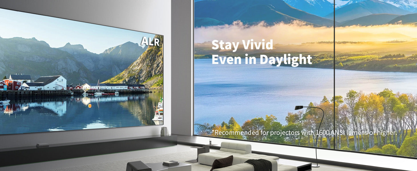 WUPRO BUY Gallery Black Crystal ALR projector screen with 70% ambient light rejecting PVC material for vivid daytime viewing