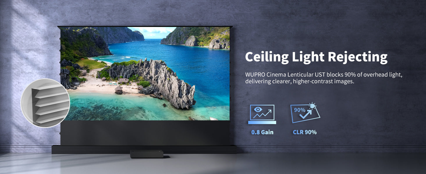 150-inch seamless WUPRO Cinema Lenticular ALR CLR smart motorized floor-rising screen – ultra-short-throw projection screen blocks 90% ceiling light for high-contrast, clear images.
