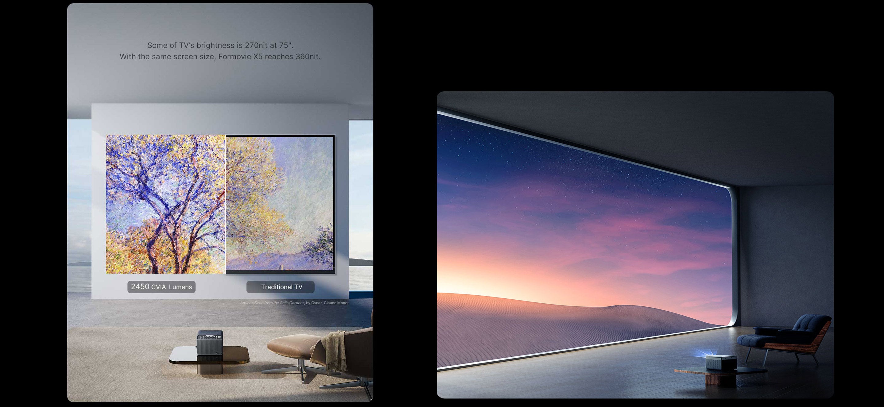 Formovie X5 4K Laser Projector: Enhance Your Home Theater with 4K ULTRA HD, MEMC, HDR10+ Decoding, and ALPD Laser Technology. Achieve clear images up to 1000 inches, 360 nit brightness at 75 inches, and 2450 CVIA lumens (up to 4500 ANSI lumens). Enjoy master-level color and DENON audio.