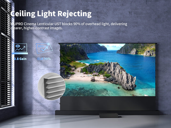 150-inch seamless WUPRO Cinema Lenticular ALR CLR smart motorized floor-rising screen – ultra-short-throw projection screen blocks 90% ceiling light for high-contrast, clear images.