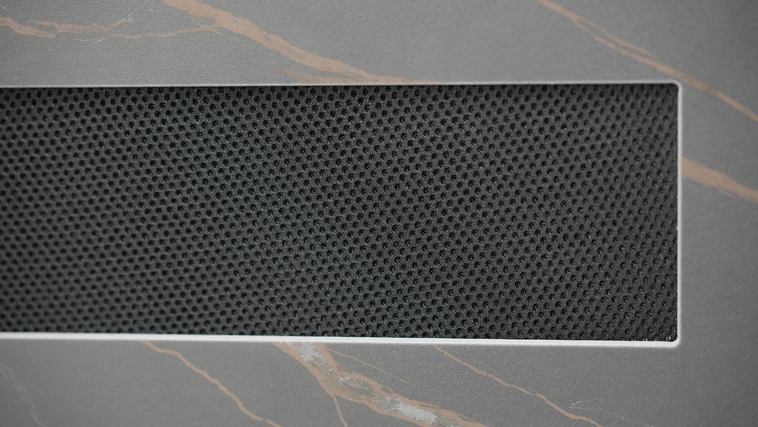 WUPRO Cinema Rock Panel Customisable Laser TV Cabinet for UST Projector Black and Gold Details Actual Photo2