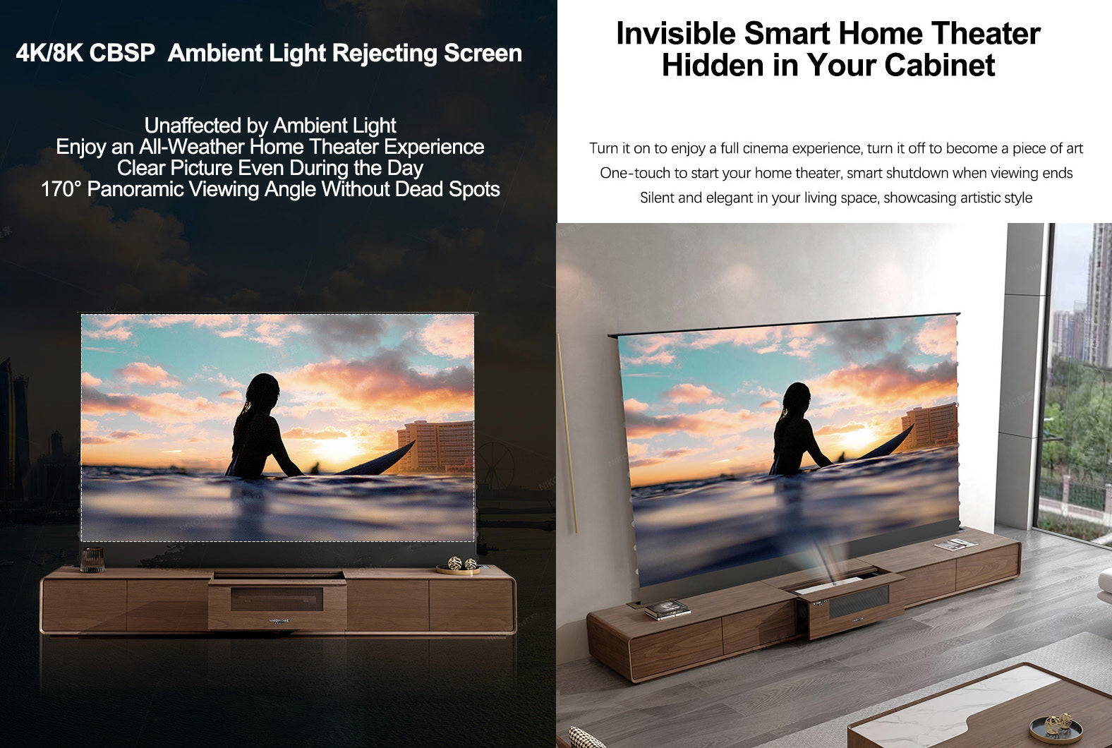 Invisible Smart Home Theater with 4K/8K CBSP ALR Screen, Hidden Cabinet Design, 170° Panoramic View, One-Touch Operation, Silent and Elegant