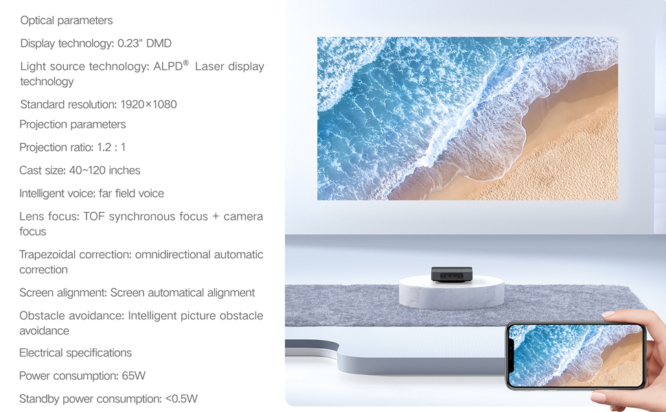 Formovie S5 Laser Projector: ALPD laser, 1100 ANSI lumens, 1080P with 4K decoding. 0.23" DMD display, 1.2:1 projection ratio for 40-120 inch screens. Features HDR10, FAV image engine, instant focus, and automatic alignment.  Interfaces: USB 3.0, HDMI 2.1, 3.5mm jack, Type-C. Intelligent calibration and obstacle avoidance. Amlogic T982 processor, 12ms low latency, SGS Low Blue Light certified. Power: 65W, standby <0.5W.