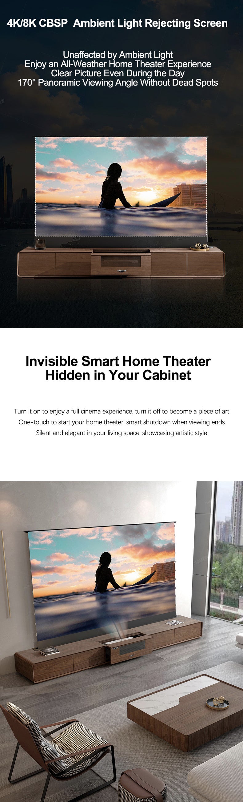 Invisible Smart Home Theater with 4K/8K CBSP ALR Screen, Hidden Cabinet Design, 170° Panoramic View, One-Touch Operation, Silent and Elegant
