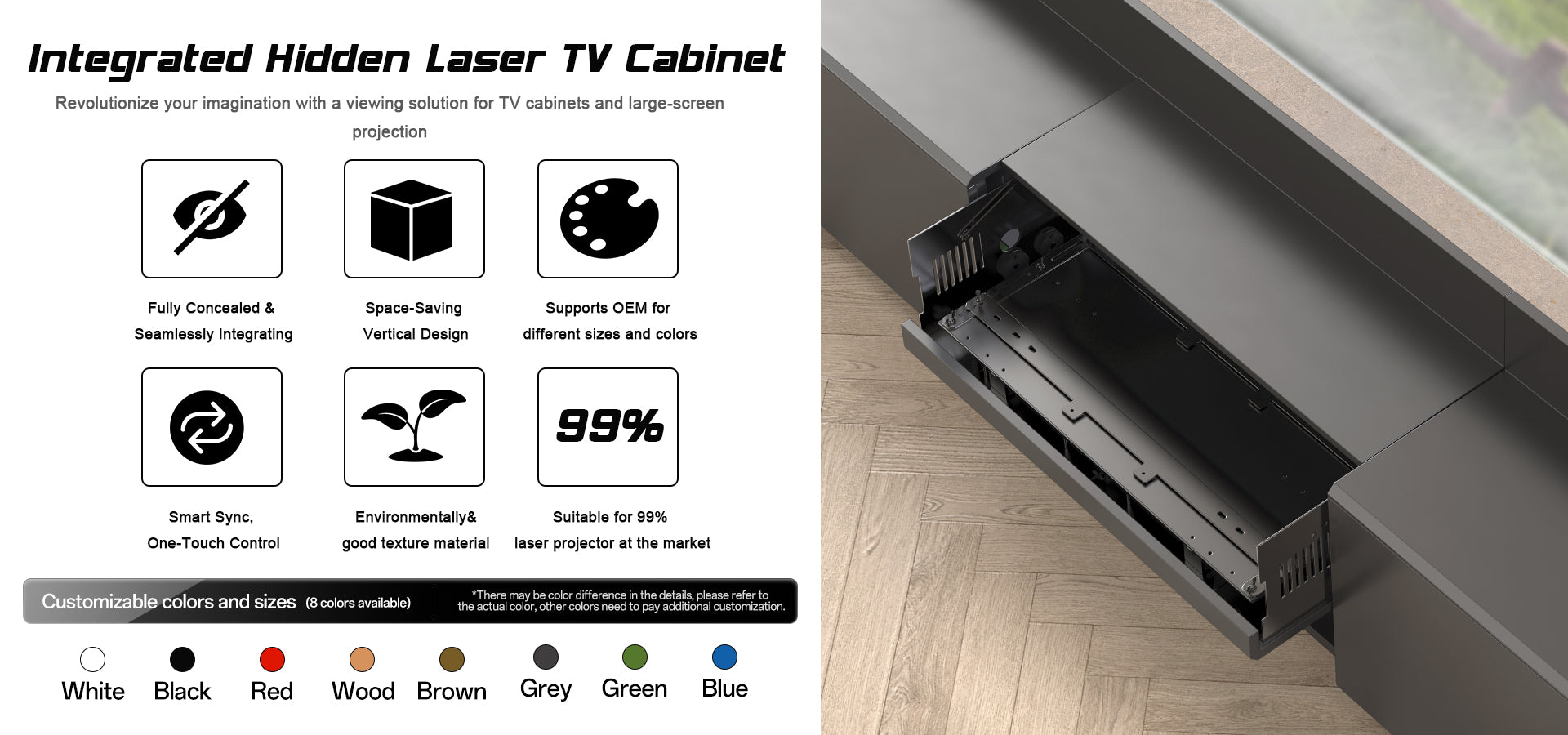 WUPRO DR-500 fully concealed smart UST laser TV cabinet, customizable colors, space-saving vertical design, one-touch control, compatible with most laser projectors