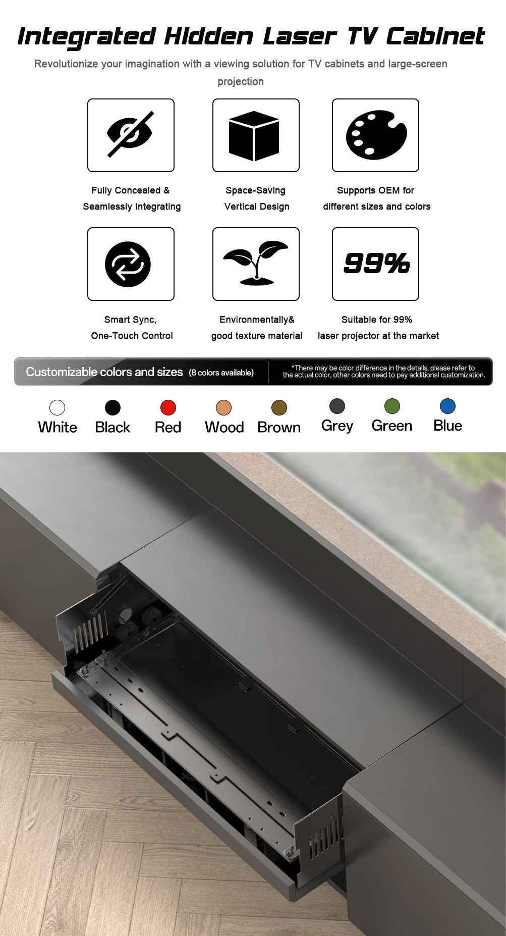 WUPRO DR-500 fully concealed smart UST laser TV cabinet, customizable colors, space-saving vertical design, one-touch control, compatible with most laser projectors