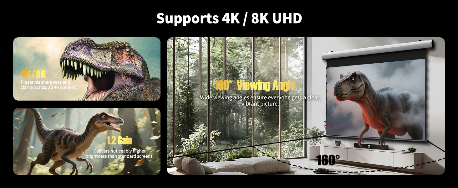 WUPRO Cinema FlowArc Luxury Smart Motorized Drop Down Projector Screen—Highlights of grey crystalline materials:Enhanced 3D, high resolution, high gain